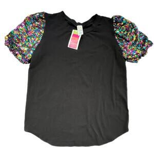 7th Ray Chic Black Top with Multicolor Sequin Sleeves - XL